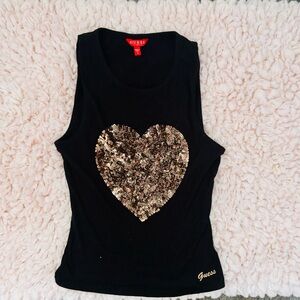 Guess Black Tank Top with Gold Sequin Heart